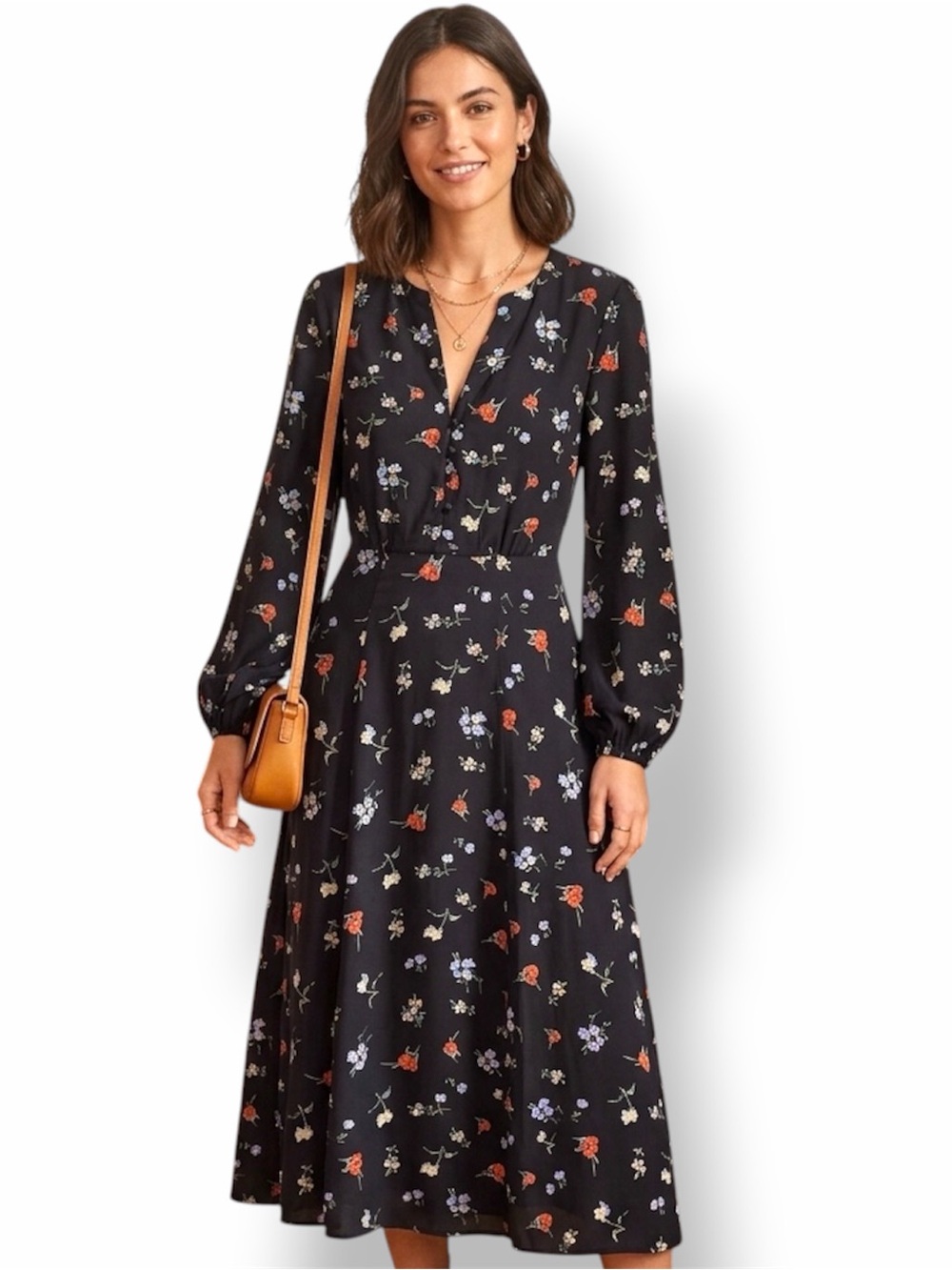 Promesa Black Floral Long Sleeve Midi Dress
